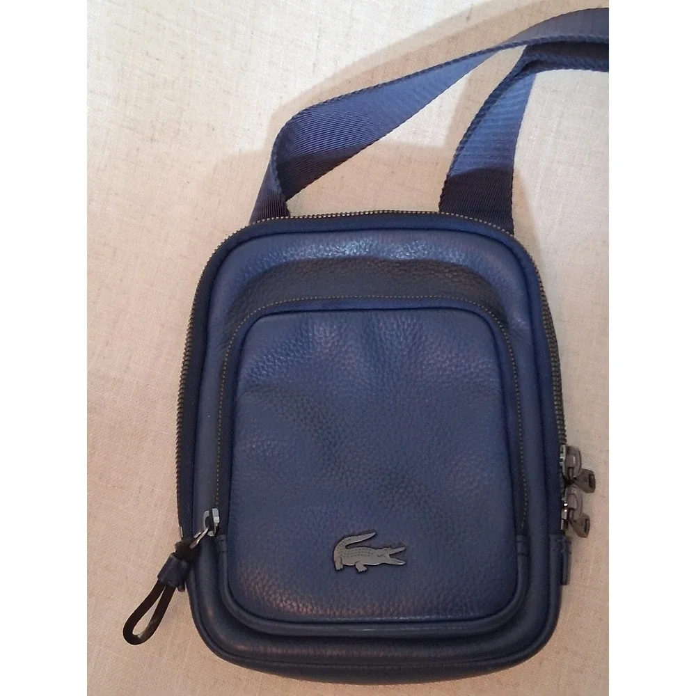 Lacoste Chantaco Navy Blue Pique Leather Vertical Camera Crossbody Bag NH3271CE